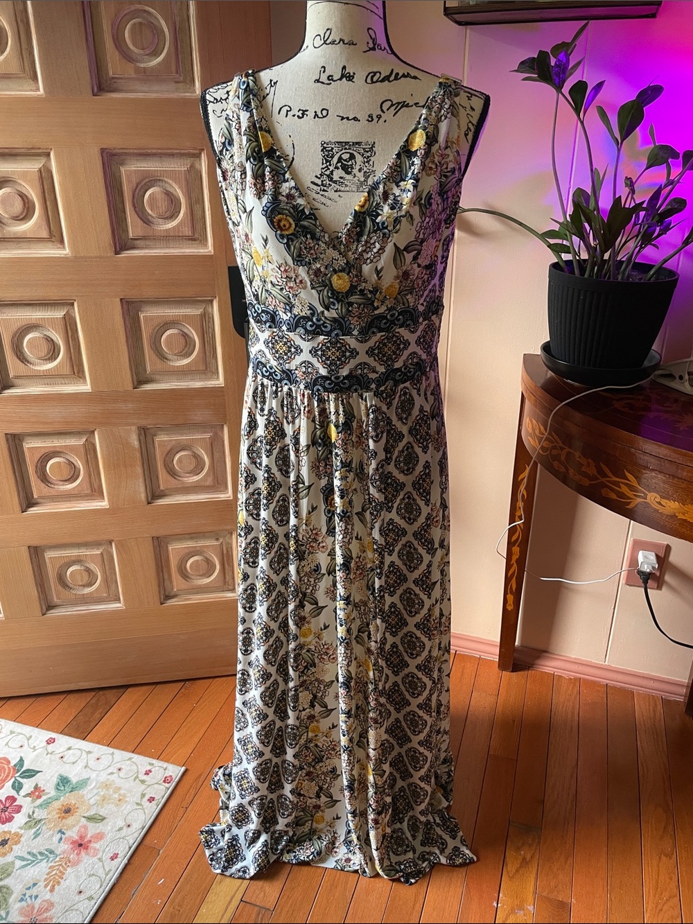 White House Black Market Cream Maxi Dress with Navy and Yellow Print